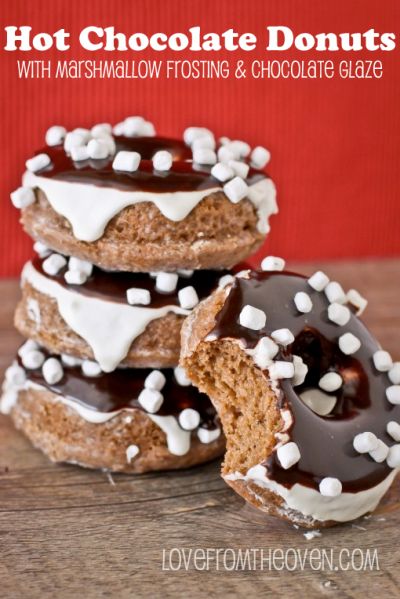 Hot Chocolate Donuts With Marshmallow Frosting And Chocoalte Glaze By Love From The Oven Babycakes Donut Maker, Hot Chocolate Desserts, Homemade Donut, Easy Donut Recipe, Easy Donuts, Homemade Donuts Recipe, Marshmallow Frosting, Donut Maker, Delicious Hot Chocolate