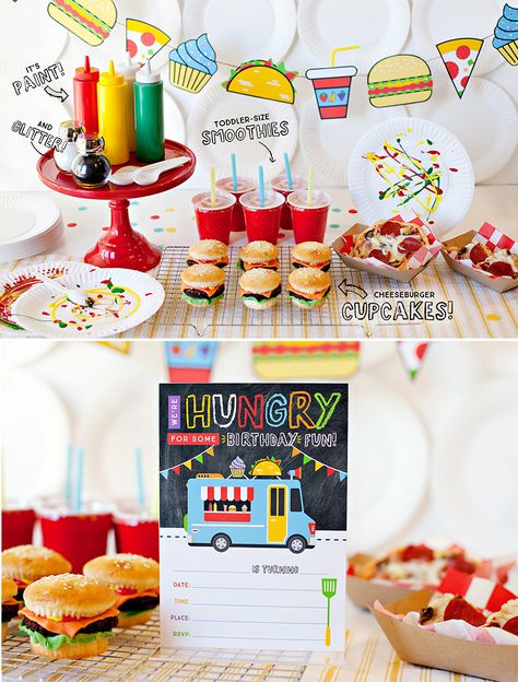 A Food Truck Inspired Kids Birthday Party Party Food Ideas For Adults Entertaining, Party Activity Ideas, Truck Party Theme, Food Truck Ideas, Drink Birthday, Food Truck Party, Burger Party, Monster Trucks Birthday Party, Food Inspired