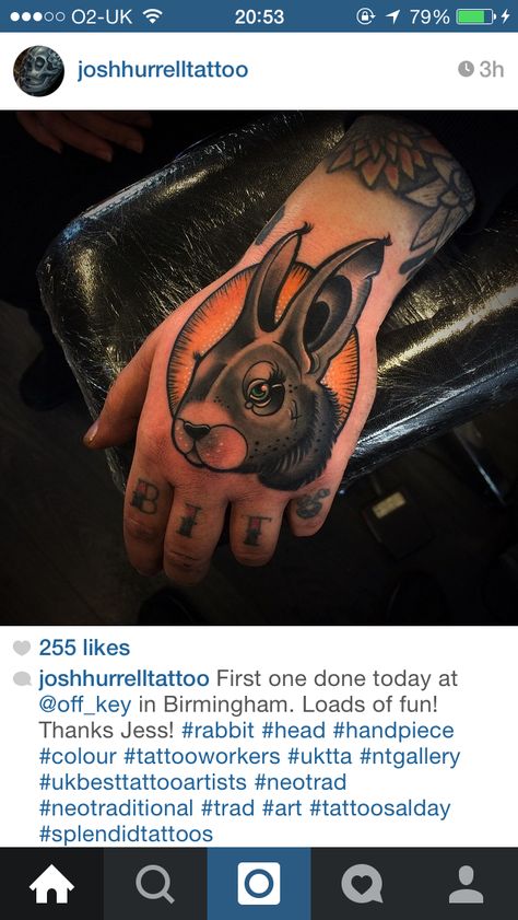 Rabbit hand tattoo http://instagram.com/p/yfIZXuikjo/ Rabbit Hand Tattoo, Bunny Hand Tattoo, Neo Trad Rabbit, Traditional Style Rabbit Tattoo, Rabbit Forearm Tattoo, Rabbit American Traditional Tattoo, New School Rabbit Tattoo, Tattoo Hand, Black Rabbit