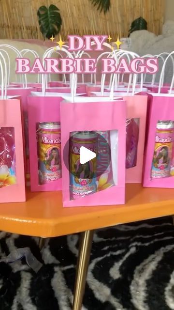 40th Barbie Party, Barbie Themed Centerpieces, Barbie Party Favors For Kids, Dollar Tree Barbie Diy, Barbie Birthday Party Ideas Decoration Diy, Barbie Party Table Decor, Barbie Treats Party Ideas, Barbie Gift Bags, Barbie Diy Party Decorations