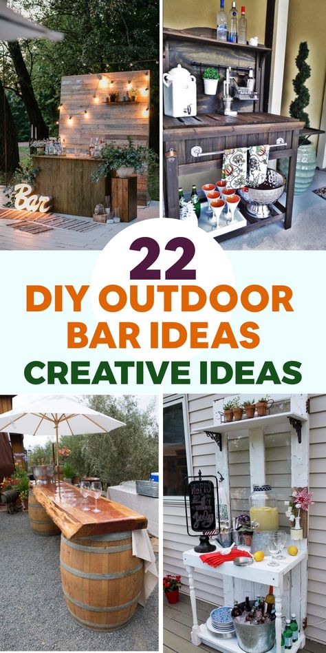 Elevate your outdoor entertaining game with these unique DIY bar ideas. Transform a wooden pallet into a rustic bar by sanding, staining, and adding a reclaimed wood countertop for a charming touch. Utilize hooks and shelves for glassware storage. Alternatively, construct a sturdy cinder block bar topped with a wooden plank painted to complement your outdoor decor. Diy Patio Bar Ideas, Diy Outdoor Bar Ideas, Diy Patio Bar, Diy Bar Ideas, Tiki Bars Diy, Outdoor Bar Ideas, Wine Barrel Bar, Diy Bird Cage, Diy Bug Spray