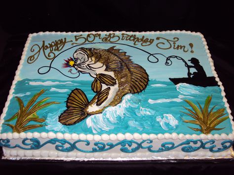 Bass Fishing Cake by SugarBakers Bass Fish Cake, Fishing Theme Cake, Fisherman Cake, Fish Cake Birthday, Fishing Cake Topper, Fishing Cake, Sheet Cake Designs, Fishing Birthday Party, Cake Templates