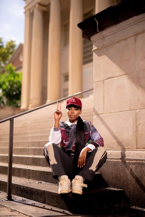 Sneakerhead Graduation Pictures, Campus Photoshoot Ideas, Streetwear Graduation Pictures, Black Senior Pictures High Schools, Letterman Graduation Pictures, Graduation Pictures City, Grad Photoshoot Black Women, Hbcu Graduation Pictures, College Photoshoot