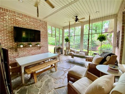 Brick Sunroom, Sunroom Flooring Ideas, Sunroom Flooring, Timber Frame Porch, Small Sunroom, Sunroom Designs, Florida Room, Orange House, Island House