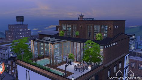 From the outside this apartment looks very big. It has been built with brown bricks and has yellow pine wooden decorations. Sims Reference, Sims 4 Penthouse, Sims4 Ideas, Lotes The Sims 4, Inspiring Architecture, Sims Freeplay Houses, San Myshuno, Sims Houses, Sims Free Play