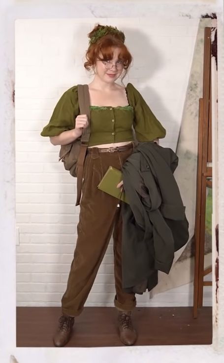 Green And Brown Cottagecore Outfits, Korok Inspired Outfit, Renfaire Outfit Goblin, Goblincore Business Casual, Casual Hobbitcore, Queer Cottagecore Fashion, Earthy Fantasy Outfits, Plus Size Hobbitcore, Hobbit Dress Pattern