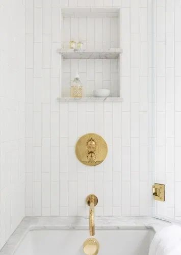 Marble Shower Niche and Vertical Subway Tile - Room For Tuesday Subway Tile Showers, Subway Tiles Bathroom, Modern Renovation, Bad Inspiration, Shower Niche, Bathroom Renos, Bath Remodel, Beautiful Furniture, Subway Tile