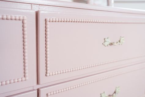 Furniture Flip; The Girls Room Dresser DIY – Yew & Co. Diy Scalloped Dresser, Adding Trim To Dresser, Mauve Dresser, Girls Dresser Makeover, Girls Room Dresser, Dresser Flip, Girls Dresser, Cream Dresser, French Provincial Dresser Makeover