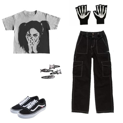 black cargo pants grey girl shirt vans fish hair clips Skelton gloves clothes set png Grunge Outfits Png, White Outfits For Boys, Men Grunge Outfits, Grunge Boy Outfits, Collage Outfits, Grunge Clothes, Grunge Boy, Grunge Outfit, Outfit Png