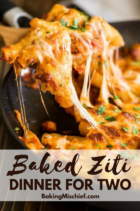 One of my favorite pasta dishes!! This Easy Baked Ziti Recipe for Two is a fabulous no-stress, no-fail dinner recipe that tastes great, looks beautiful, and couldn't be simpler to throw together. | #weeknightdinner | #pasta | #dinnerfortwo| #datenight | Baked Ziti For One, Pasta Dish For Two, Easy Dinner Recipes For Two Pasta, Small Batch Baked Ziti, Small Batch Entrees, Pasta Dishes For Two, Pasta For 2 Recipes, Easy Pasta Recipes For Two, Pasta For Two Recipes