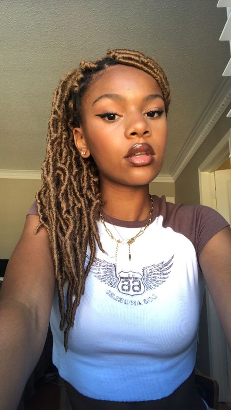 coloured faux locs | faux locs hairstyles | honey blonde faux locs | colour 30 hair | 24 inch faux locs Colour 30 Faux Locs, Coloured Faux Locs, Honey Blonde Faux Locs, Faux Locs Colored, Blonde Ponytail, Faux Locs Hairstyles, Honey Blonde, Faux Locs, Locs