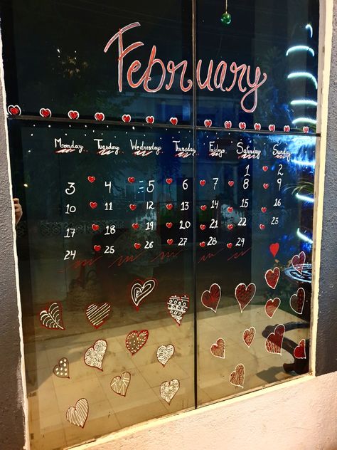 Hand painted February calander on mirror ... Valentine's Day special ... #love #heart #february #special #painting Valentines Window Painting, Special Painting, Mirror Window, Mirror Painting, Valentine Day Special, Window Mirror, Window Painting, Goa, Valentine's Day