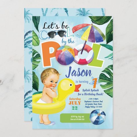 Baby boy first birthday pool party tropical invitation First Birthday Pool Party, Birthday Pool Party, Tropical Invitations, Duck Birthday, Baby Boy 1st Birthday Party, Pool Birthday, Tropical Birthday, Baby Boy First Birthday, Pool Party Invitations