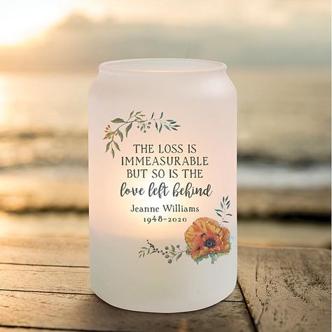 Love Left Behind Memorial Frosted Glass Votive Holder Commemorate a lost loved one with this gorgeous memento. Accented with vibrant flowers, this decorative votive holder features a heartfelt sentiment and space below to personalize with a name and two memorial dates. Makes a wonderful keepsake you can cherish or a beautiful gift for someone going through loss.   Good to Know      The dash will automatically appear between the two separate dates.      Please include any desired punctuation when Memorial Jar Ideas, Celebration Of Life Decor, Memorial Projects, Memorial Quotes, Heaven Poems, Memorial Favors, Memorial Ideas, 32 Birthday, Mr Christmas