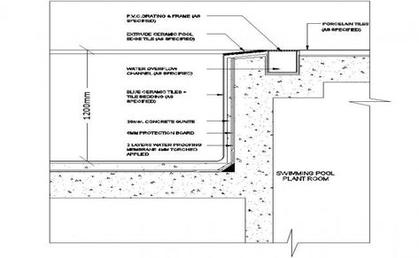 Swimming Pool Details Section, Pool Construction Detail, Pool Section Detail, Swimming Pool Section, Swimming Pool Details, Pool Section, Zero Edge Pool, Pool Detail, Car Showroom Architecture