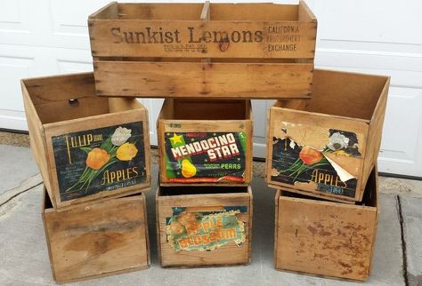 Looking for old wood fruit crate cleaning & preserving tips... - I have these great old fruit crates Id like to clean up andpreserve (including the labels if p Zero Waste Crafts, Crates Ideas, Crate Shelves Diy, Fruit Crates, Farm Scenery, Vintage Wood Crates, Zero Waste Shop, Old Wooden Crates, Storage Crates