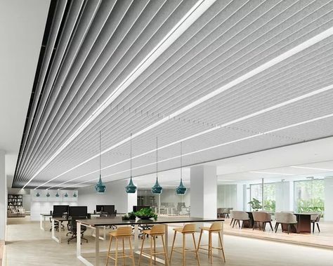 FELTWORKS Blades - VARAFFIX Office Rendering Office Rendering, Acoustic Baffles, Sustainable Marketing, Ceiling Solutions, Armstrong Ceiling, Ceiling System, Sound Absorption, Visual Texture, Ceiling Panels