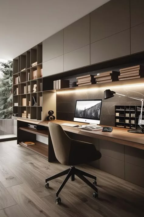 Galley Office Small Spaces, Storage Wall Office, Modern Bookshelf Design Office, Home Office Millwork, Modern Office Shelving, Study Wall Design, Office With Lots Of Storage, Family Study Room, Home Office Interior Design Modern