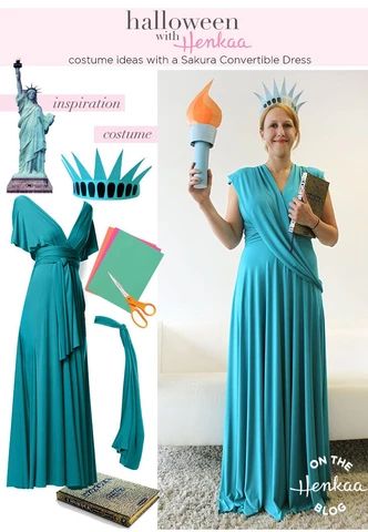 Henkaa convertible dresses are great for bridal parties, groups, travel and capsule wardrobes. See how you can re-wear your convertible dress for a trendy Halloween costume. Feminist Costume, Lady Liberty Costume, Diy Statue, Feminist Halloween Costumes, Statue Of Liberty Costume, Patriotic Costumes, Sakura Dress, Statue Of, Creative Halloween Costumes Diy