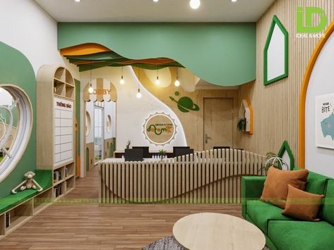 Montessori Kindergarten & Daycare Design 🎨 Nursery Reception Area Ideas, Preschool Reception Area Design, School Desks Ideas, Kindergarten Reception Design, Preschool Design Interior, Daycare Reception Area, Preschool Interior Design, Daycare Interior Design, Kindergarten Reception