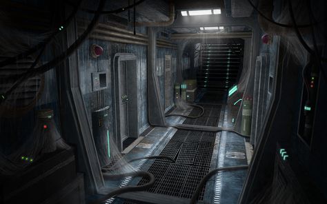 'Exogenesis: Corridor 01' by Howi3. I chose this because it reminds me of an abandoned space ship that has grown old, that has perhaps now been inhabited by aliens. Abandoned Spaceship Interior, Alien Set Design, Haunted Spaceship, Scifi Hallway, Abandoned Spaceship, Scifi Corridor, Sci Fi Room, Scifi Environment, Sci Fi Ship