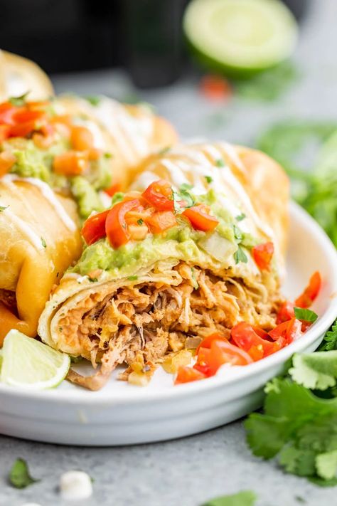 Homemade Chimichangas, Air Fryer Chimichangas, Chicken Chimichanga, Chimichanga Recipe, Stay At Home Chef, Tex Mex Recipes, Refried Beans, Fresh Salads, Mexican Dishes