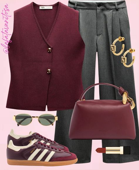 Bordo Pants Outfits, Outfits Marron, Burgundy Vest, Adidas Samba Outfit, Samba Outfit, Burgundy Outfit, La Outfits, Gold Outfit, Outfit Mujer