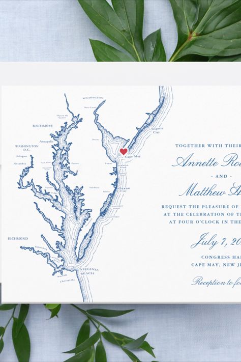 Cape May New Jersey Map Wedding invitation with heart over Cape May Elegant Navy Wedding, Elegant Navy Blue Wedding, Chesapeake Bay Wedding, Map Wedding Invitation, Meridian House, Jersey Shore Wedding, Annapolis Wedding, Virginia Beach Wedding, Nautical Wedding Invitations