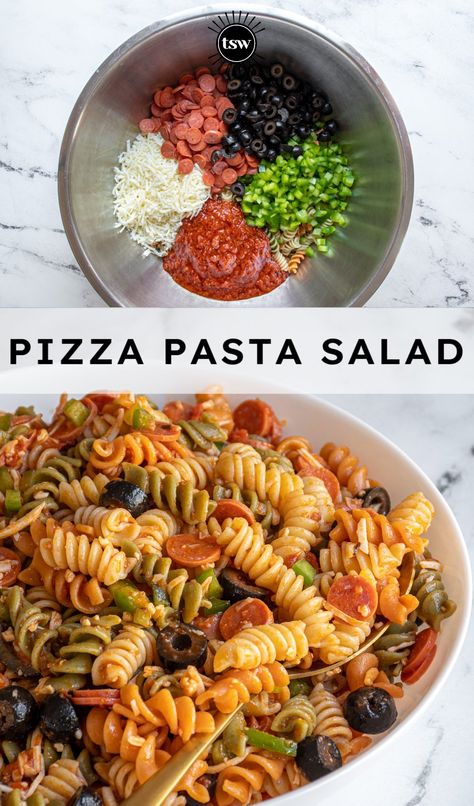 Cold Pasta Salads For Lunch, Pizza Pasta Salad Recipes, Kid Pasta Salad, Pizza Salad Recipe, Pasta Pepperoni, Easy Pizza Pasta, Pepperoni Pizza Pasta Salad, Cold Pasta Recipes, Pizza Pasta Salad