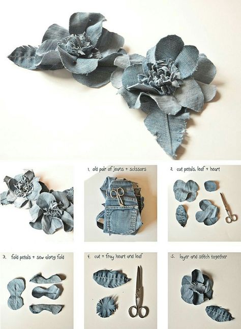 Återvinna Jeans, Tas Denim, Diy Denim, Fleurs Diy, Fabric Flower Tutorial, Blue Jeans Crafts, Denim Jewelry, Denim Flowers, Denim Ideas