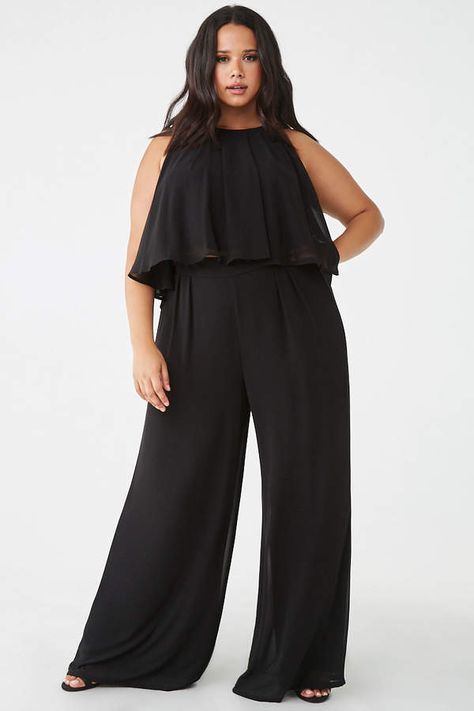 Plus Size Jumpsuit Outfit Casual, Black Palazzo Pants Outfit, High Waisted Flowy Pants, Jumpsuit Outfit Casual, Palazzo Pants Outfit, Apple Shape Outfits, Black Palazzo Pants, Forever 21 Plus Size, Chiffon Pants