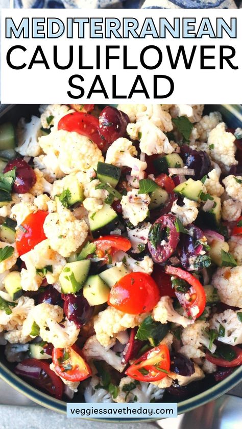 Easy to make with 10 ingredients, Mediterranean Cauliflower Salad is crunchy and satisfying. Hyper Nourishment Protocol, Dr Goldner Recipes, Dr Brooke Goldner Recipes, Vegan Mediterranean Diet, Brooke Goldner, Mediterranean Dressing, Crunchy Cauliflower, Mediterranean Cauliflower, Mediterranean Salad Recipe