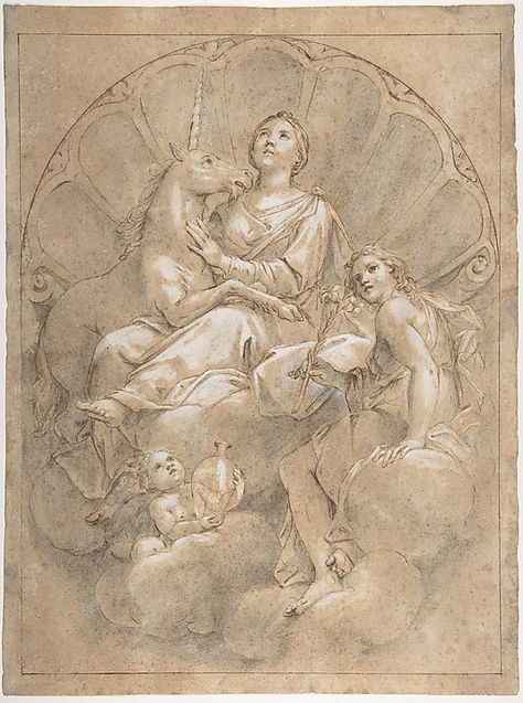 Allegorical Figure of Purity with a Unicorn  Marcantonio Franceschini  (Italian, Bologna 1648–1729 Bologna)  Date: 1688–89 Medium: Pen and brown ink, brush and gray wash, highlighted with white, over black chalk, on brown-washed paper Dimensions: 15-3/4 x 11-3/4 in. (40.0 x 29.8 cm) Classification: Drawings    met museum Ancient Unicorn, Unicorn Images, Unicorn Painting, Unicorn Drawing, Master Drawing, Unicorn Decorations, A Unicorn, Vintage Artwork, Art Studies