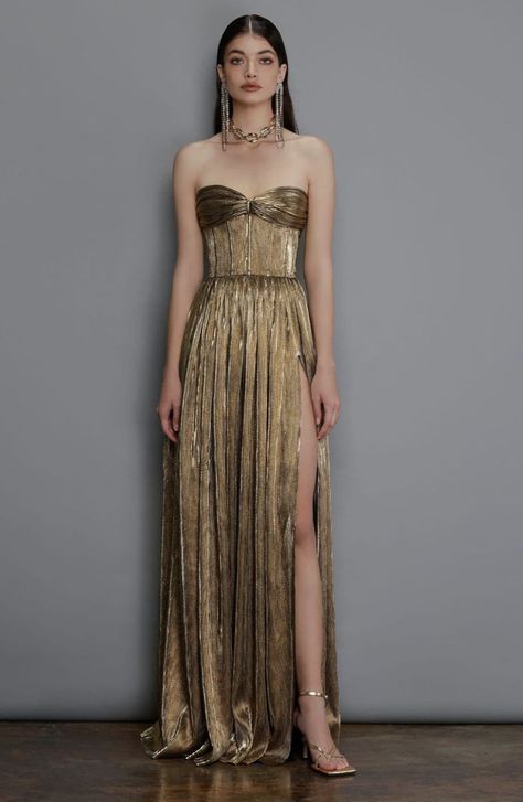 FLORENCE STRAPLESS GOLD GOWN Golden Satin Dress, Dorothy Dandridge, Bronx And Banco, Gown Gold, Dress A Line, Grad Dresses, Dresses Elegant, Gala Dresses, Gorgeous Gowns