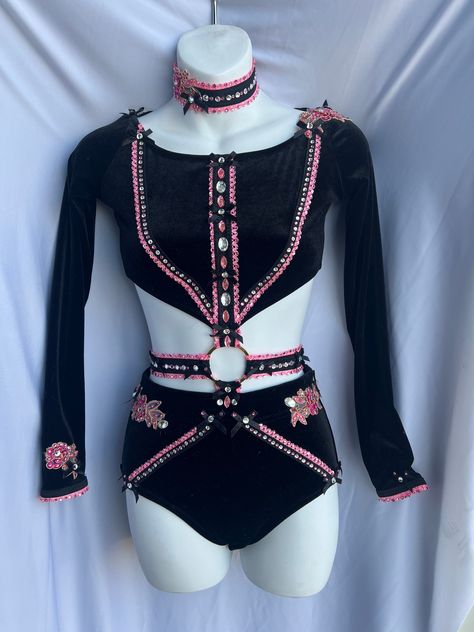 This Jazz costume is Sassy and Classy! Black velvet says Class! Bright Pink scallop trim and little black bows, bring the Sass! Straps with chunky rhinestones, little black rhinestone bows and pink scallop rhinestone trim overlayed on long sleeve top and brief. Top connects to the bottom with a gold ring! Another gold ring adds extra uniqueness on the back! HoneyBee is ready to custom create this for You!! Tap Dance Costumes, Pink Jazz Costume, Jazz Dance Costumes Sassy Black, Jazz Solo Costumes, Custom Jazz Dance Costumes, Jazz Dance Costumes Sassy Pink, Jazz Dance Costumes Sassy, Mini Jazz Dance Costume, Black Dance Costumes