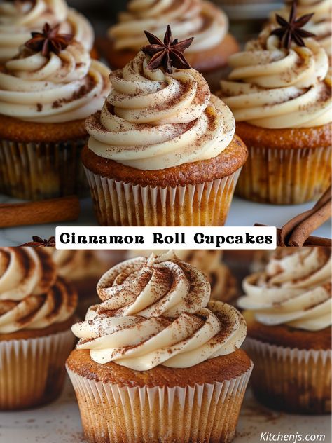 Indulge in the heavenly combination of soft cinnamon rolls and moist cupcakes! These Cinnamon Roll Cupcakes are swirled with cinnamon sugar, topped with cream cheese frosting, and perfect for breakfast or dessert. Sweet, fluffy, and oh-so-irresistible! #CinnamonRollCupcakes #CupcakeLove #SweetTreats #BakingInspiration #DessertGoals #CinnamonLovers #CreamCheeseFrosting #HomemadeGoodness Easy Cinnamon Cupcake Recipes, All Purpose Flour Dessert Recipes, Cinnamon Roll Cupcakes Easy, Cinnamon Rolls Cupcakes, Recipes With Cream Cheese Dessert, Fall Deserts Ideas, Cinnamon Deserts, Cinnamon Sugar Dessert, Cinnamon Roll Cupcake