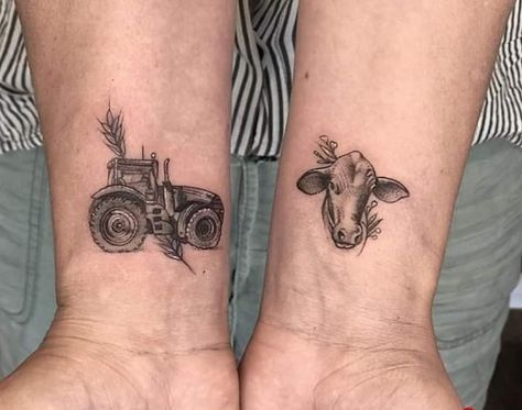 Tattoo Ideas For Men Farmer, Full Sleeve Tattoos Women Country, Farmland Tattoo, Tattoos For Farmers, Fine Line Tractor Tattoo, Cow Family Tattoo, Farm Scene Tattoo, Country Life Tattoos, Farm Inspired Tattoo