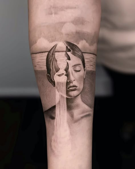 Fountain Tattoo, Surrealistic Tattoo, Surrealism Tattoo Design, Surrealist Tattoo, Surrealism Tattoos, Surrealism Tattoo, Animal Tattoos For Women, Geometric Line Tattoo, Modern Art Tattoos