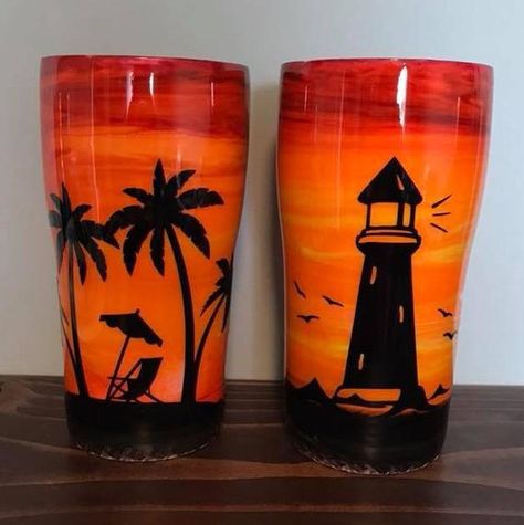 Lighthouse Tumbler Ideas, Palm Tree Tumbler Ideas, Hair Dresser Tumbler, Lighthouse Tumbler, Lighthouse Silhouette, Beach Tumblers, Sunset Tumbler, Tumblers Ideas, Beach Cup