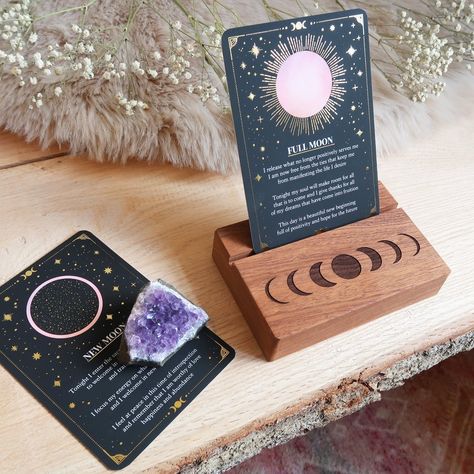 Tarot Altar, Gold Foil Cards, Chakra Affirmations, Card Stand, Positive Affirmation Cards, Mini Moon, Wooden Design, Foil Cards, Affirmation Cards