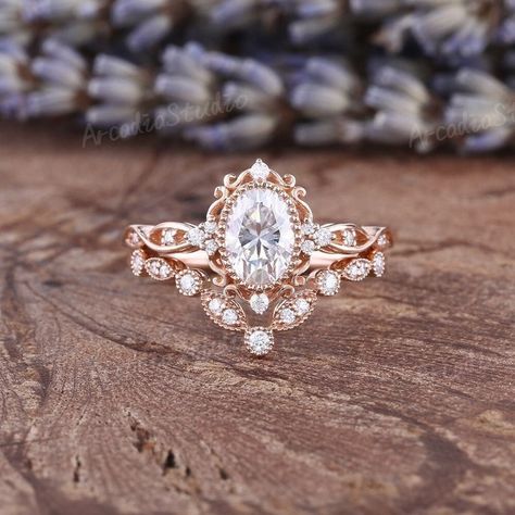 Vintage Oval Moissanite Bridal Set Rose Gold Moissanite | Etsy Wedding Ring Sets Round, Rose Gold Moissanite Engagement Ring, Fantasy Accessories, Gold Moissanite Engagement Ring, Moonstone Engagement Ring Set, Moissanite Engagement Ring Rose Gold, Anniversary Ring Set, Moissanite Wedding Ring Set, Unique Engagement Ring Settings