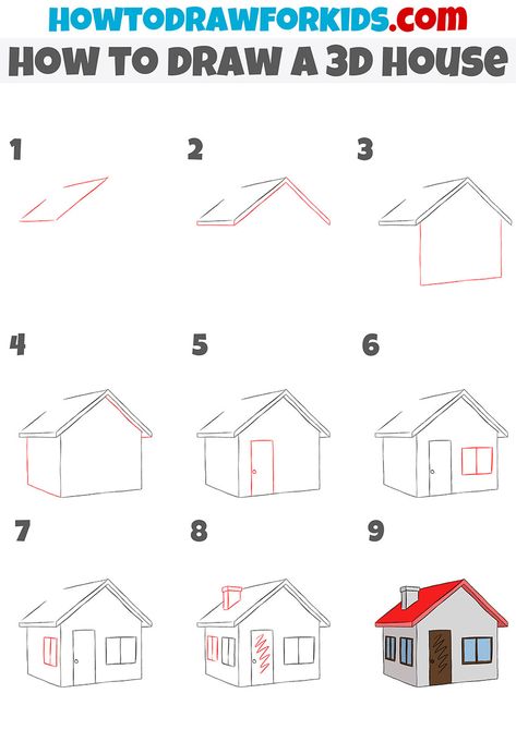 3d House Sketch Simple, How To Draw A 3d House, 3d House Drawing Easy, Step By Step House Drawing, How To Draw Buildings Step By Step, How To Draw Houses, How To Draw A House, 3d House Drawing, House Drawing Easy