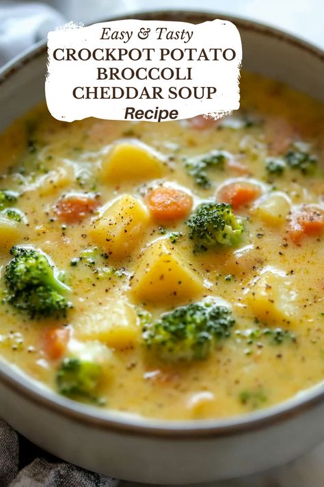 Crockpot Potato Broccoli Cheddar Soup - Creamy, rich, and perfect for a chilly day, this Crockpot Broccoli Cheddar Soup is loaded with vegetables and cheese, yet so simple to make! Just a few ingredients transform into a flavorful, comforting bowl that warms you right up. 6 cups broccoli florets (from 2 heads)1 cup chopped onion1 Broccoli Potato Soup Crockpot, Broccoli Soup Crockpot, Potato Broccoli Cheddar Soup, Crockpot Broccoli Cheddar Soup, Cheddar Broccoli Potato Soup, Broccoli Potato Cheese Soup, Crockpot Broccoli, Potato Cheddar Soup, Easy Crockpot Soup