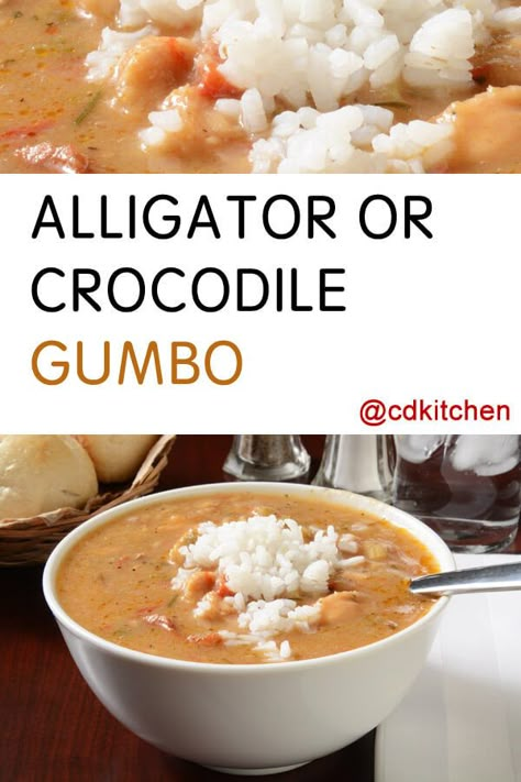 Alligator or Crocodile Gumbo - If you thought regular gumbo was as New Orleans as it gets, you're in for a surprise. Alligator meat in a savory gumbo made with celery, bell pepper, and okra is a notch up on the 'Nawlins scale. | CDKitchen.com Gator Sausage Recipes, Gator Tail Recipes, Gator Meat Recipes, Alligator Gumbo Recipe, Gator Gumbo Recipe, Gator Recipes, Fried Alligator Recipe, Gator Recipe, Alligator Meat