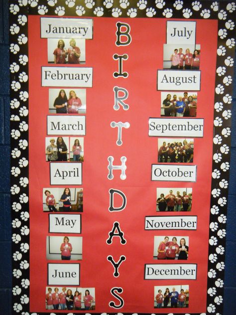 Great way to recognize staff birthdays! Staff Bulletin Boards, Morale Ideas, Work Team Building, Teacher Morale, Work Bulletin Boards, Staff Lounge, Morale Boosters, Staff Morale, Birthday Display