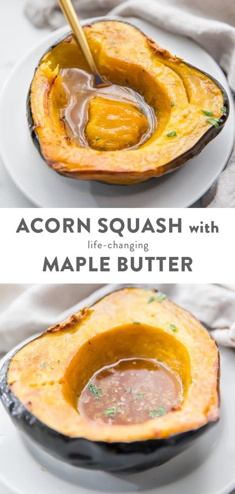 This is the best roasted acorn squash recipe with a super easy and life-changing maple butter (It's that good!). It's the easiest and simplest way, baked in the oven, with a deepness and richness from sweet, real maple syrup and butter that simply can't be beat. This is how to cook acorn squash in a way that's healthy and crazy delicious! #healthy #sidedish Cook Acorn Squash, Butter Squash Recipe, Acorn Squash Baked, Acorn Squash Roasted, Acorn Squash Recipe, Roasted Acorn Squash, Maple Syrup Recipes, Acorn Squash Recipes, Baked Squash