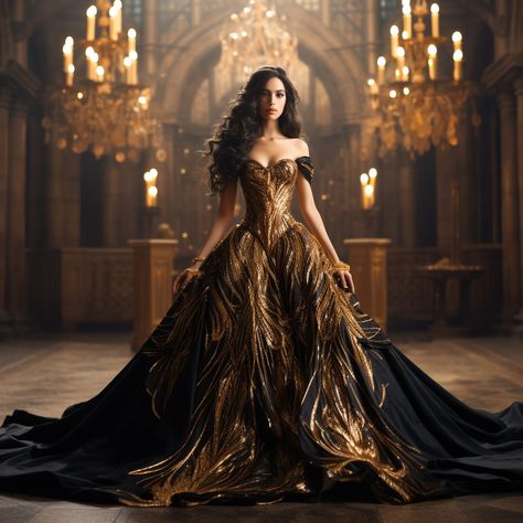 Black Ball Gown Fantasy Aesthetic, Samantha Fantasy Gown, Dorne Aesthetic Clothes, Fantasy Dresses Aesthetic, Dragon Queen Dress, Black And Gold Ballgown, Queen Dress Aesthetic, Fantasy Ball Aesthetic, Black Fantasy Dress Queens