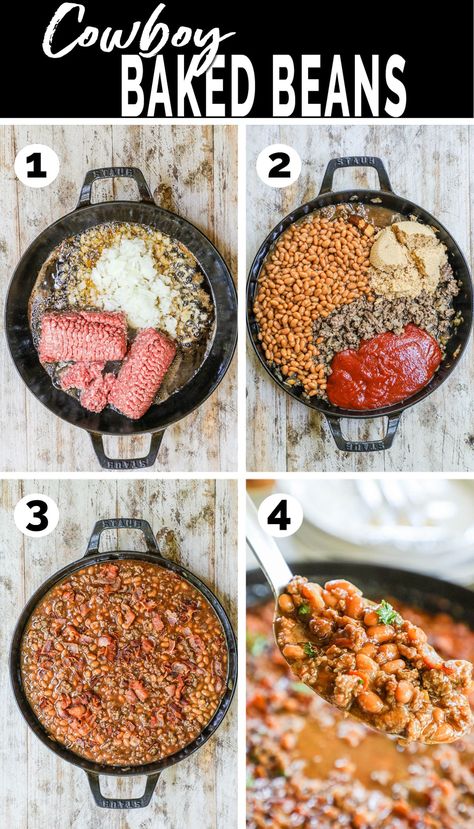 Cowboy Baked Beans with Ground Beef Canned Baked Beans Recipe, Bean And Beef Burritos, Football Munchies, Baked Beans With Ground Beef, Beans With Ground Beef, Easy Goulash, Cowboy Baked Beans, Heinz Baked Beans, Easy Skillet Dinner