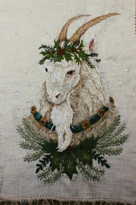 Goat Embroidery, Embroidery Holiday, Embroidery Illustration, Plant Enamel Pin, Yule Goat, Goat Art, Ribbon Craft, Scandi Christmas, Embroidered Art