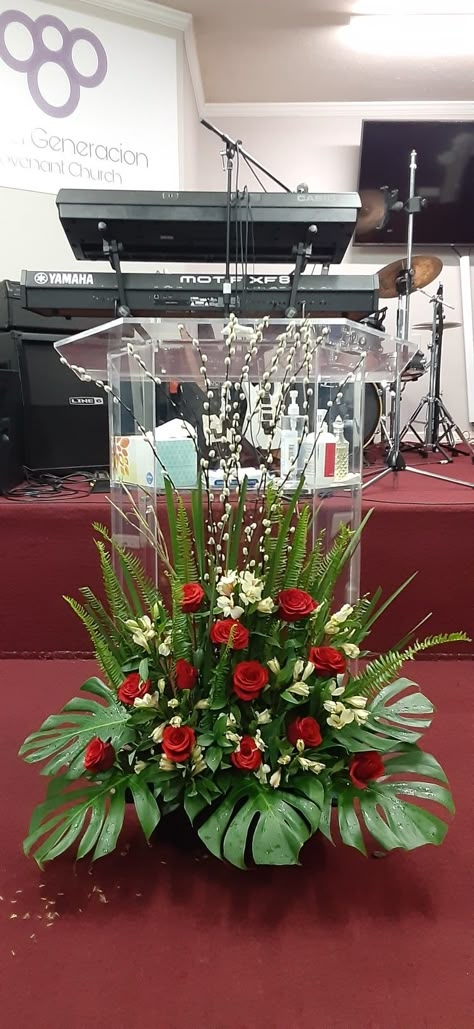 Church Arrangements Altars, Podium Flower Arrangements, Altar Arrangement Church, Church Flower Arrangements Altars Simple, Podium Decorations, Church Flower Arrangements Altars Ideas, Altar Flowers Church, Floral Arrangements For Church, Church Altar Flower Arrangements